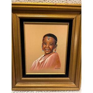 Vtg Kasper Art, Oil Painting Beautiful Young African Girl, Gold Frame w/Seal